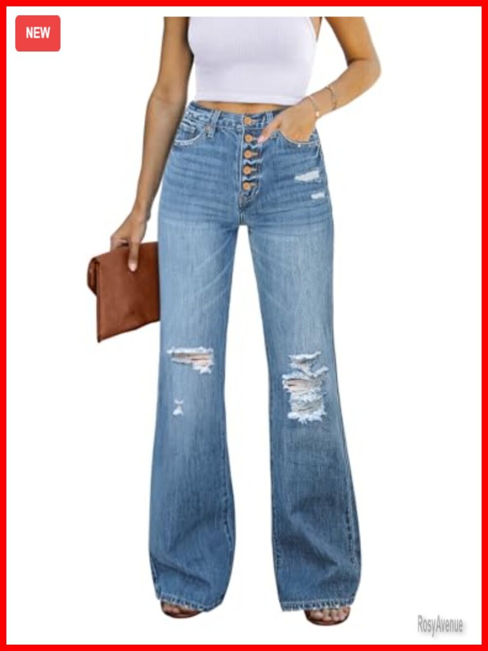 High Waist Stretchy Flare Wide Leg Ripped Jeans Denim Pants